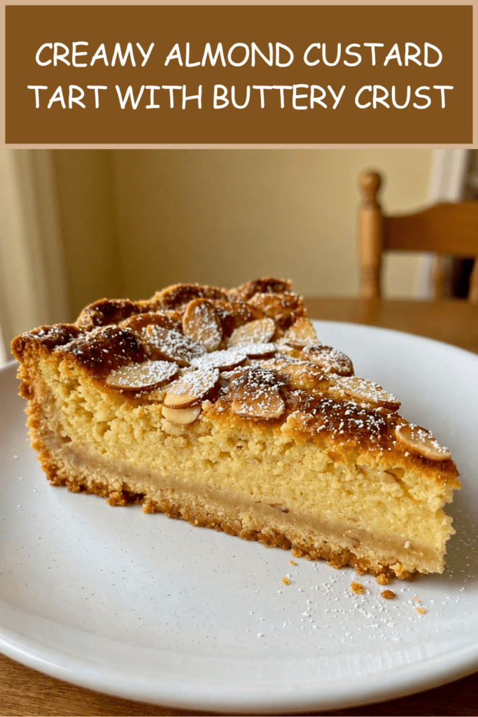 A golden almond custard tart with a buttery crust, creamy almond filling, sliced almonds on top and a dusting of powdered sugar.
