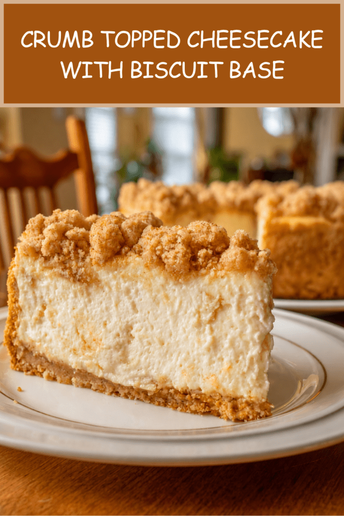 A creamy crumb topped cheesecake with a crunchy biscuit base, golden crumble topping and smooth cheesecake filling on a plate.