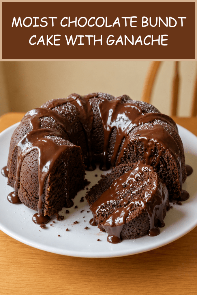 A moist chocolate Bundt cake topped with glossy chocolate ganache dripping down the sides, served on a plate with a rich dark crumb.