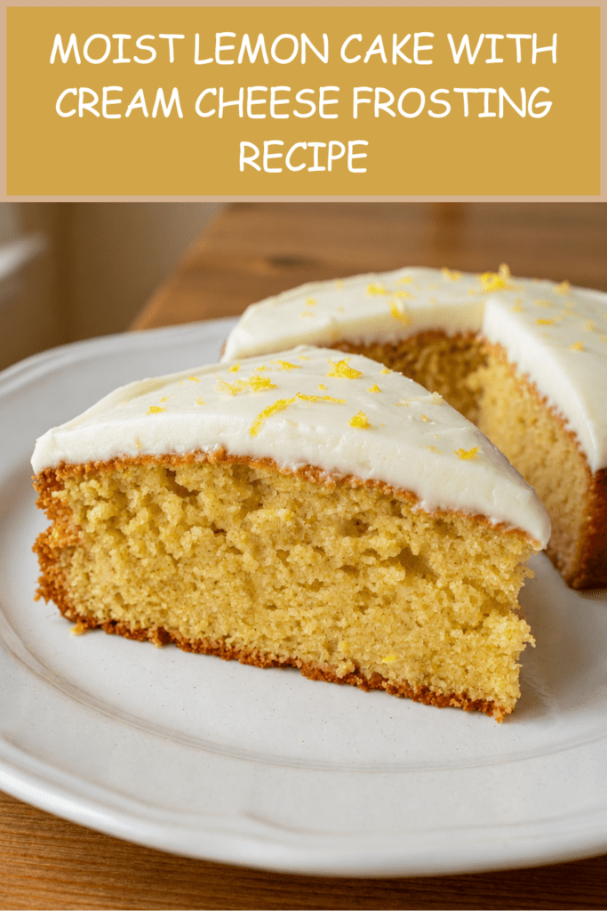 A soft lemon cake topped with smooth cream cheese frosting, fresh lemon zest and a moist golden crumb served on a cake plate.