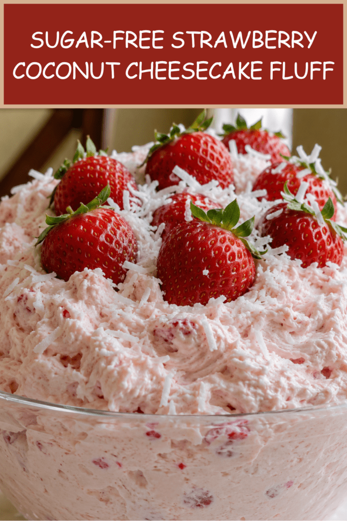 A glass bowl of sugar-free strawberry coconut cheesecake fluff topped with whole strawberries and shredded coconut, with a creamy pink texture.