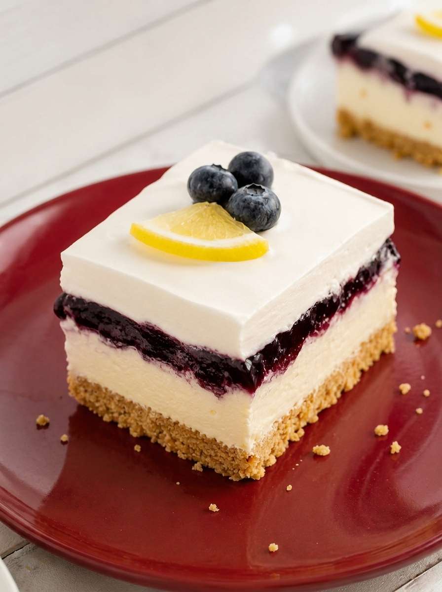 Sugar-free lemon blueberry delight dessert with a graham-style crust, creamy lemon cheesecake layer, blueberry topping, and whipped topping in a pan.