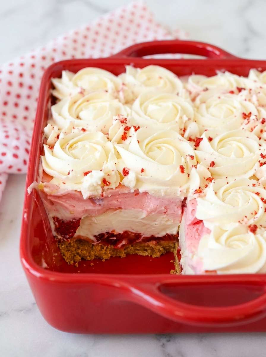 Sugar-free no-bake strawberry delight with graham cracker crust, sliced strawberries, creamy cheesecake filling, pink strawberry layer, and whipped cream topping.