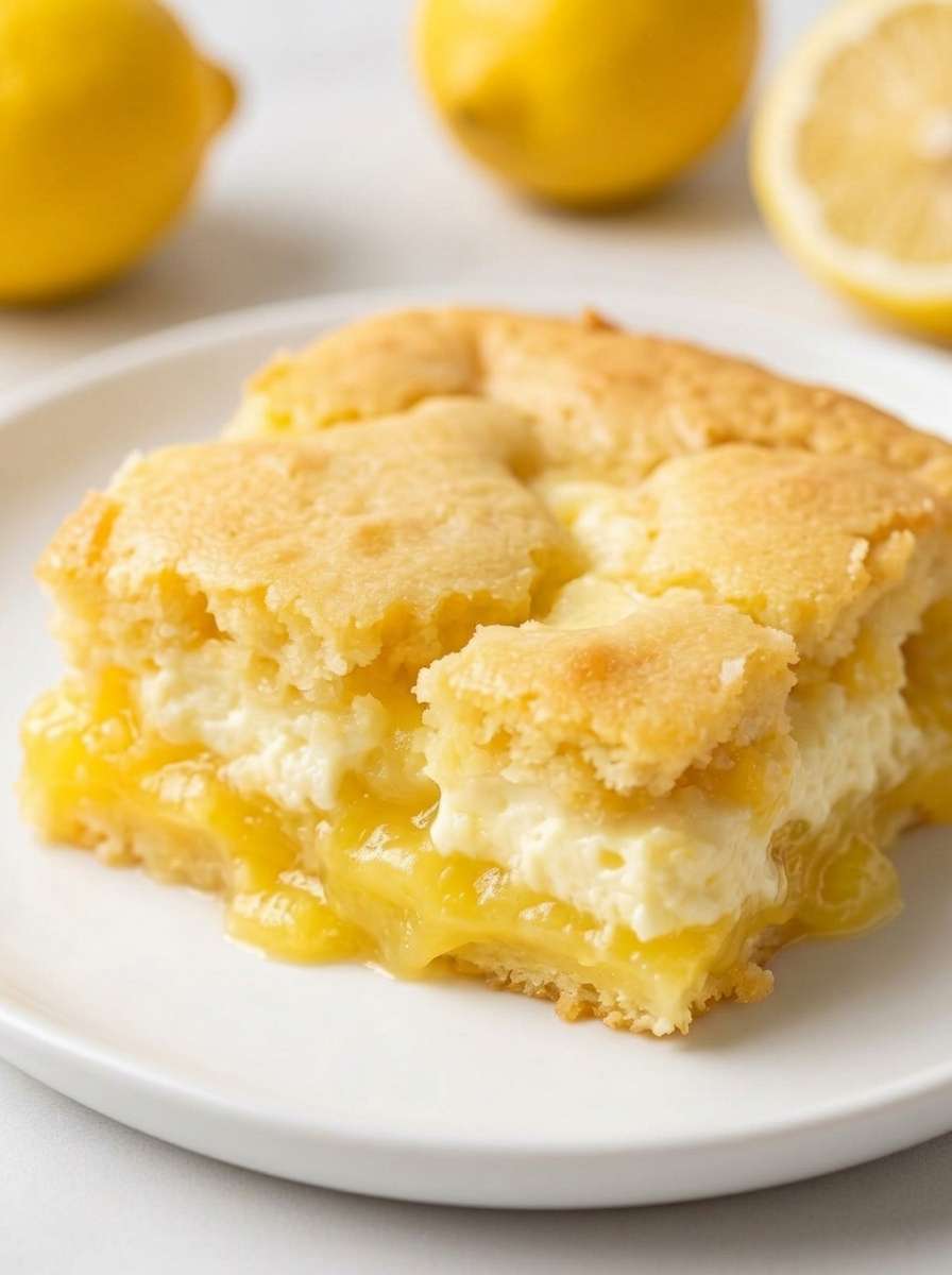 A warm sugar-free lemon cream cheese dump cake baked in a rectangular dish with golden cake topping, bubbling lemon filling, and creamy cheese pockets.