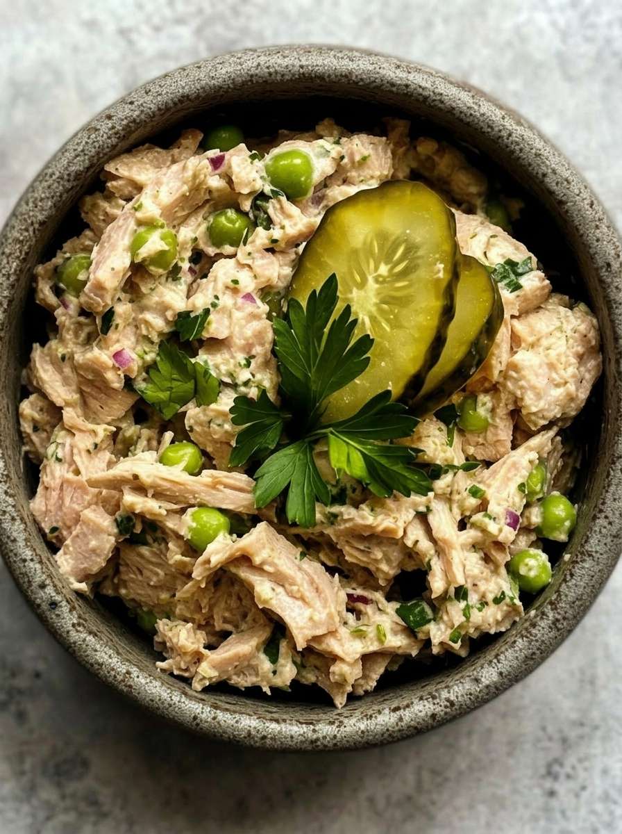 Creamy tuna salad served in a bowl with green peas, sliced pickles, red onion, parsley, and a smooth lemon mayonnaise dressing.