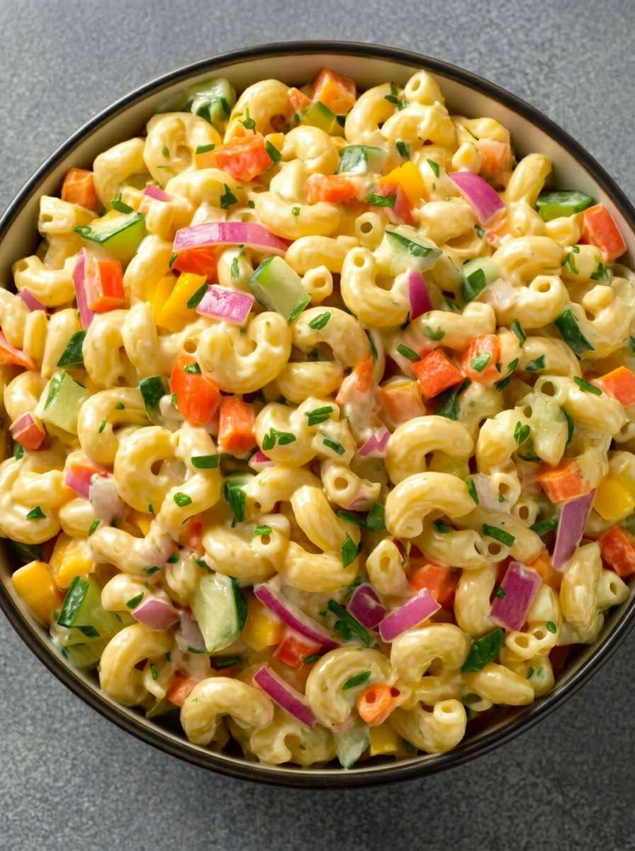 A colorful pasta salad with macaroni, diced carrots, red and yellow bell peppers, cucumber, red onion, creamy dressing, and fresh parsley in a large bowl.