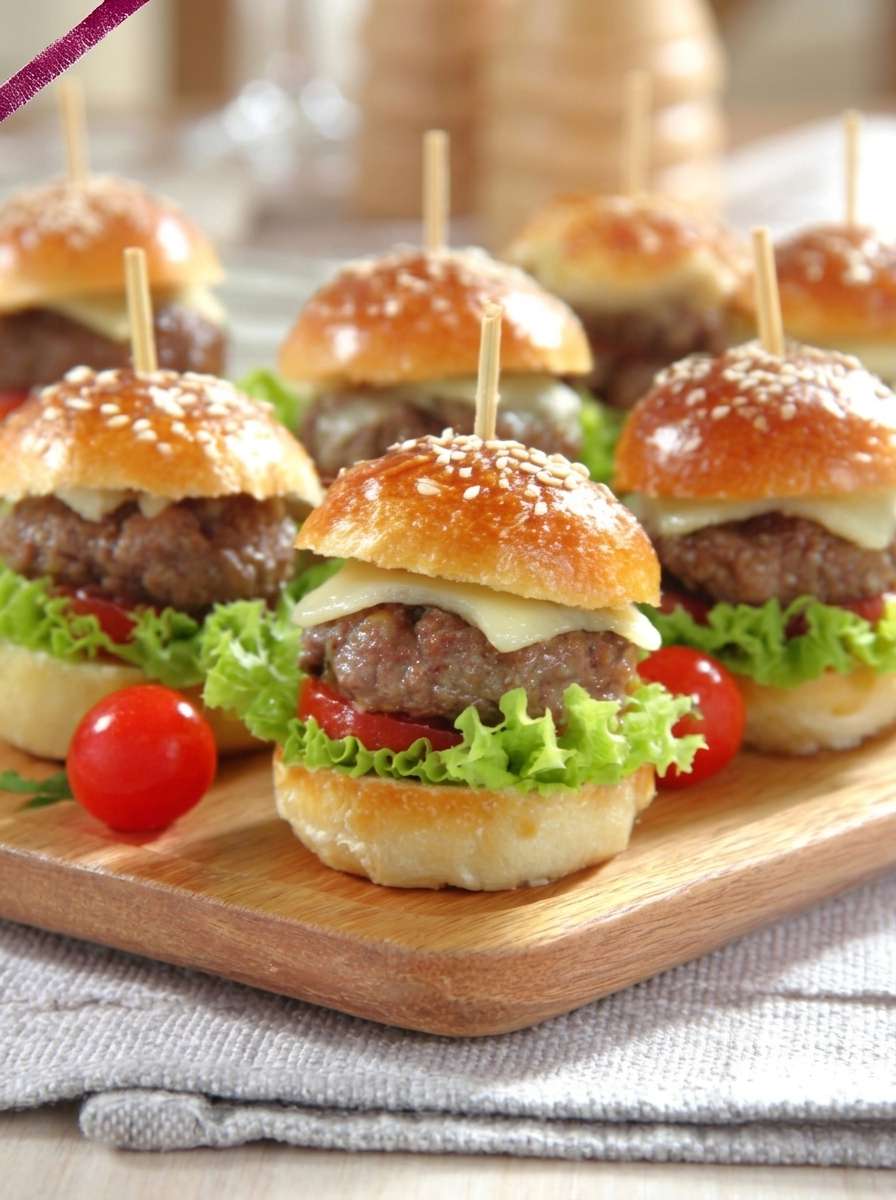 Gourmet mini burgers with juicy beef patties, melted cheese, lettuce, cherry tomatoes, toasted buns, and wooden skewers on a serving plate.
