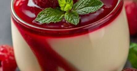 Creamy raspberry panna cotta served in small glasses with raspberry coulis, fresh raspberries, and mint leaves on top.