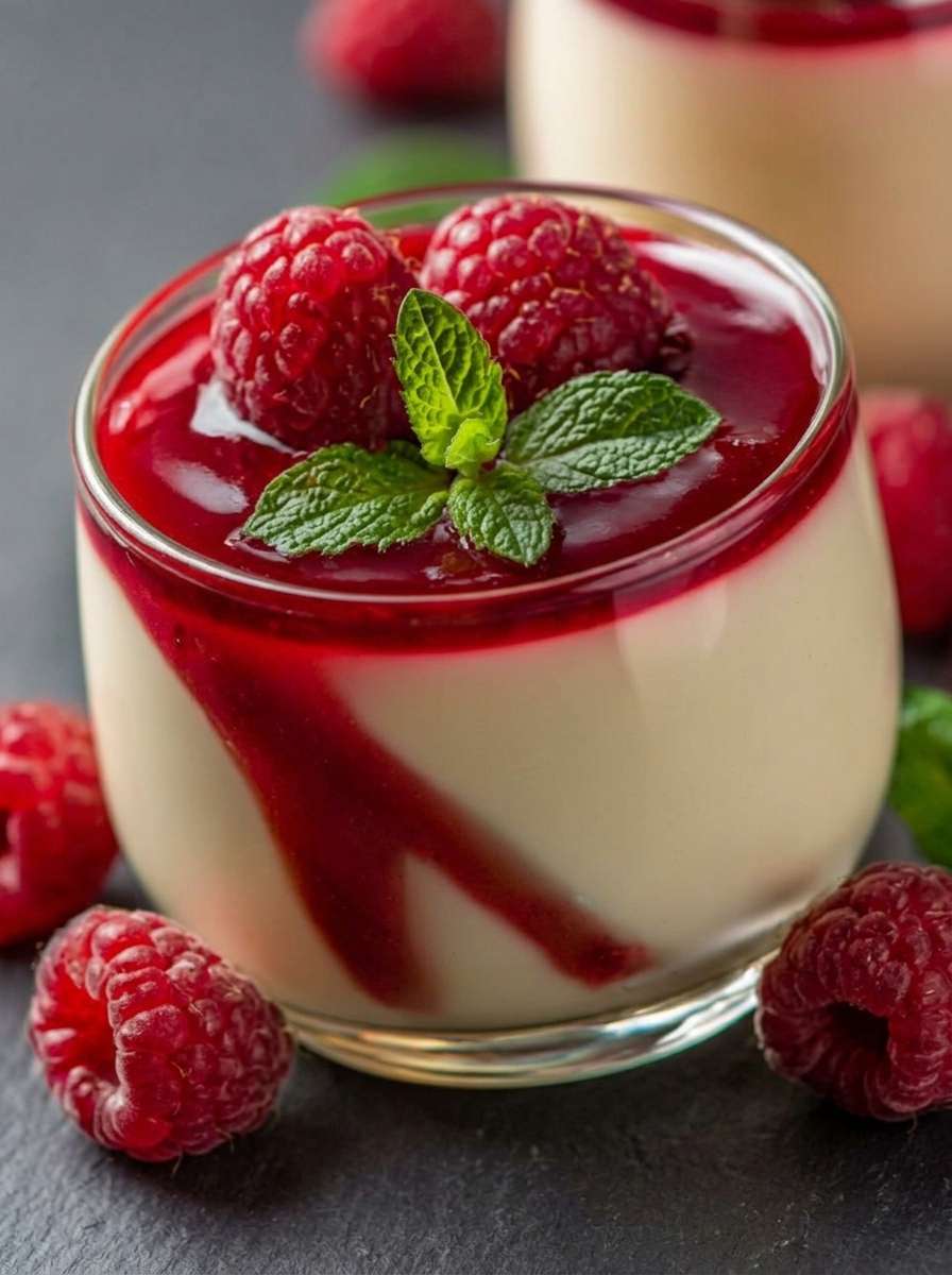 Creamy raspberry panna cotta served in small glasses with raspberry coulis, fresh raspberries, and mint leaves on top.