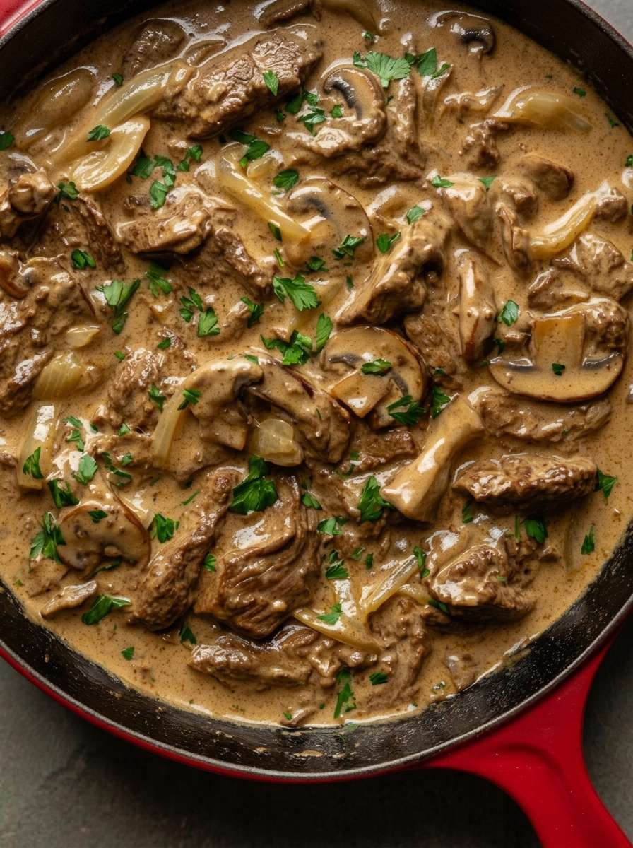 Tender sliced beef in a creamy mushroom mustard sauce with onions, garlic, thyme, and fresh parsley served hot in a rustic dish.
