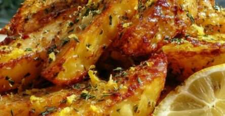 Golden lemon herb roasted potato wedges on a baking tray with crispy edges, fresh parsley, thyme, lemon zest, and a light drizzle of olive oil.