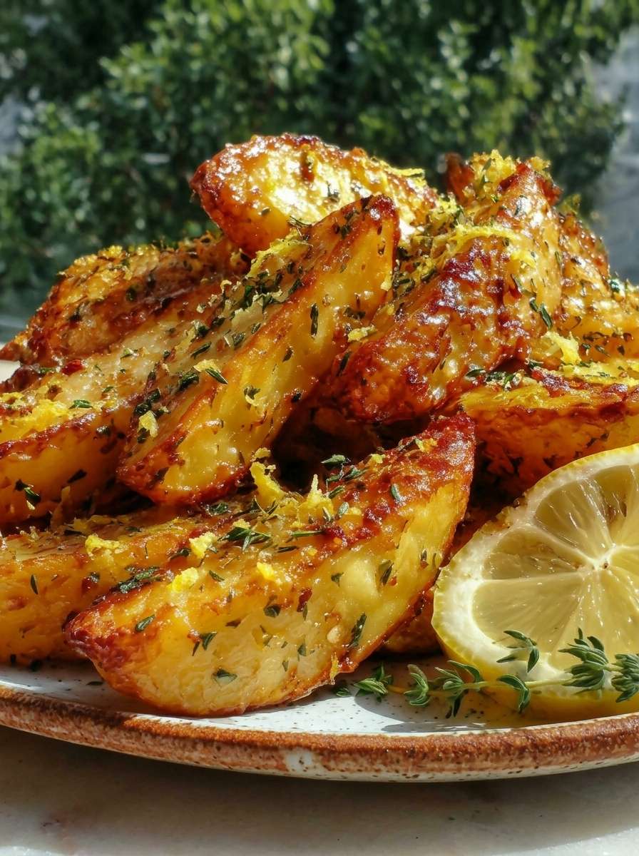 Golden lemon herb roasted potato wedges on a baking tray with crispy edges, fresh parsley, thyme, lemon zest, and a light drizzle of olive oil.