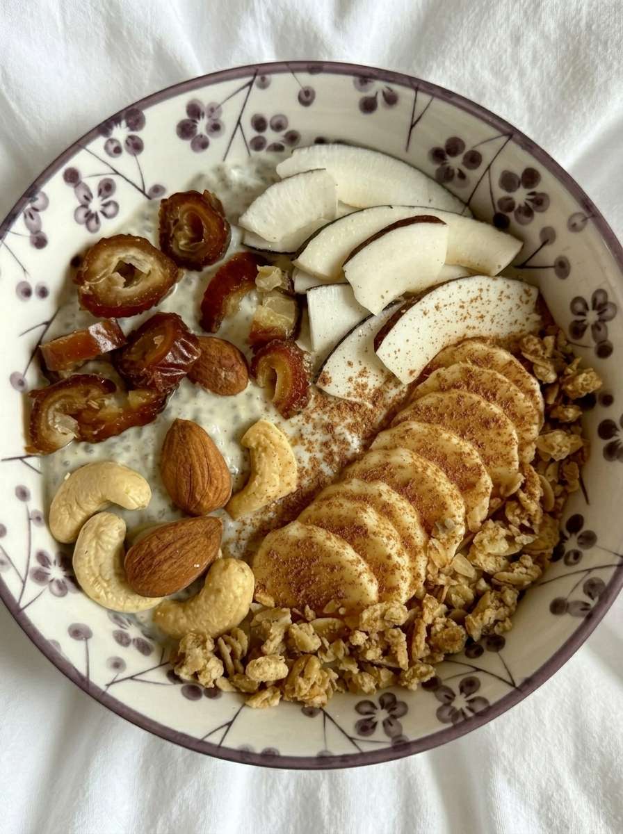 A creamy yogurt chia breakfast bowl topped with banana slices, apple or pear slices, chopped dates, granola, almonds, cashews, coconut slices, and cinnamon.