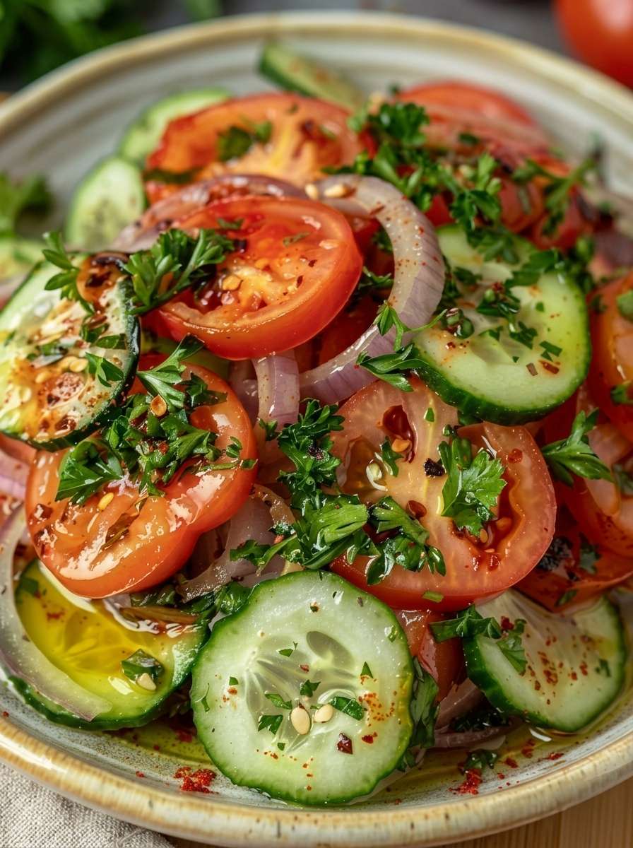 A fresh tomato cucumber onion salad served on a plate with sliced ripe tomatoes, cucumber rounds, thin red onion, parsley, olive oil dressing, and herbs.