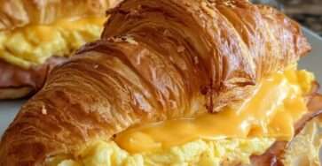 A warm breakfast croissant sandwich filled with soft scrambled eggs, crispy bacon, melted cheddar cheese, and a buttery golden croissant served fresh.