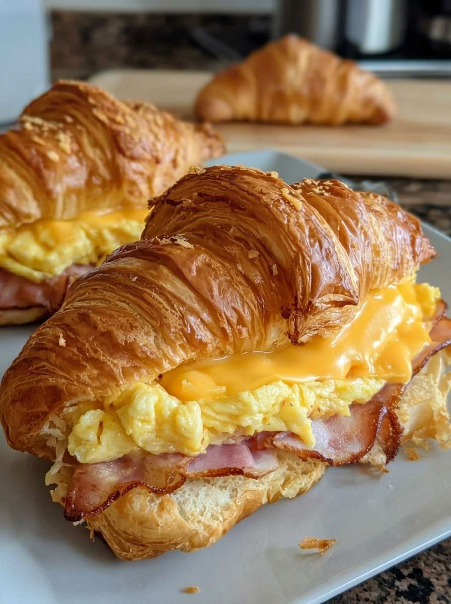A warm breakfast croissant sandwich filled with soft scrambled eggs, crispy bacon, melted cheddar cheese, and a buttery golden croissant served fresh.