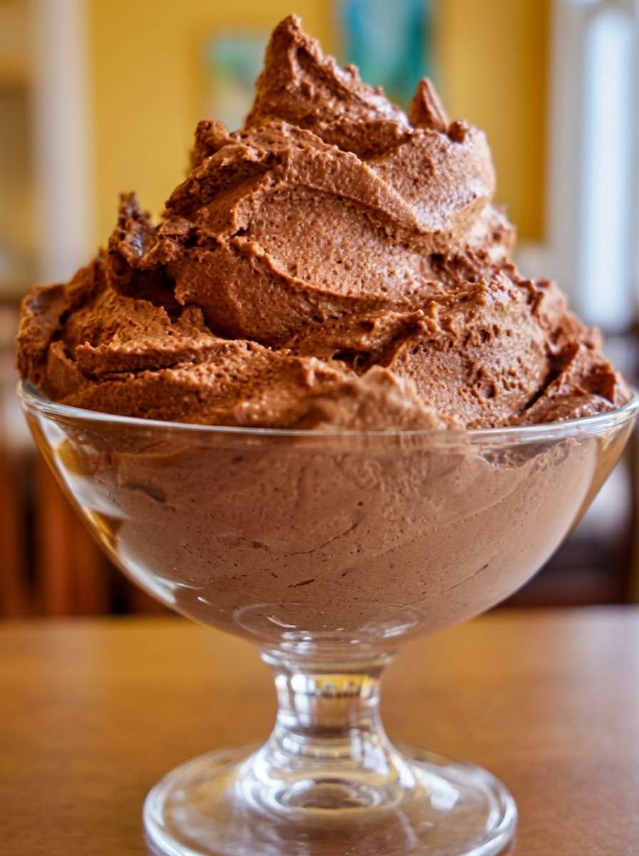 A clear glass footed coupe bowl filled with rich sugar-free chocolate mousse fluff, airy whipped texture, deep cocoa color, and a smooth sculpted top.