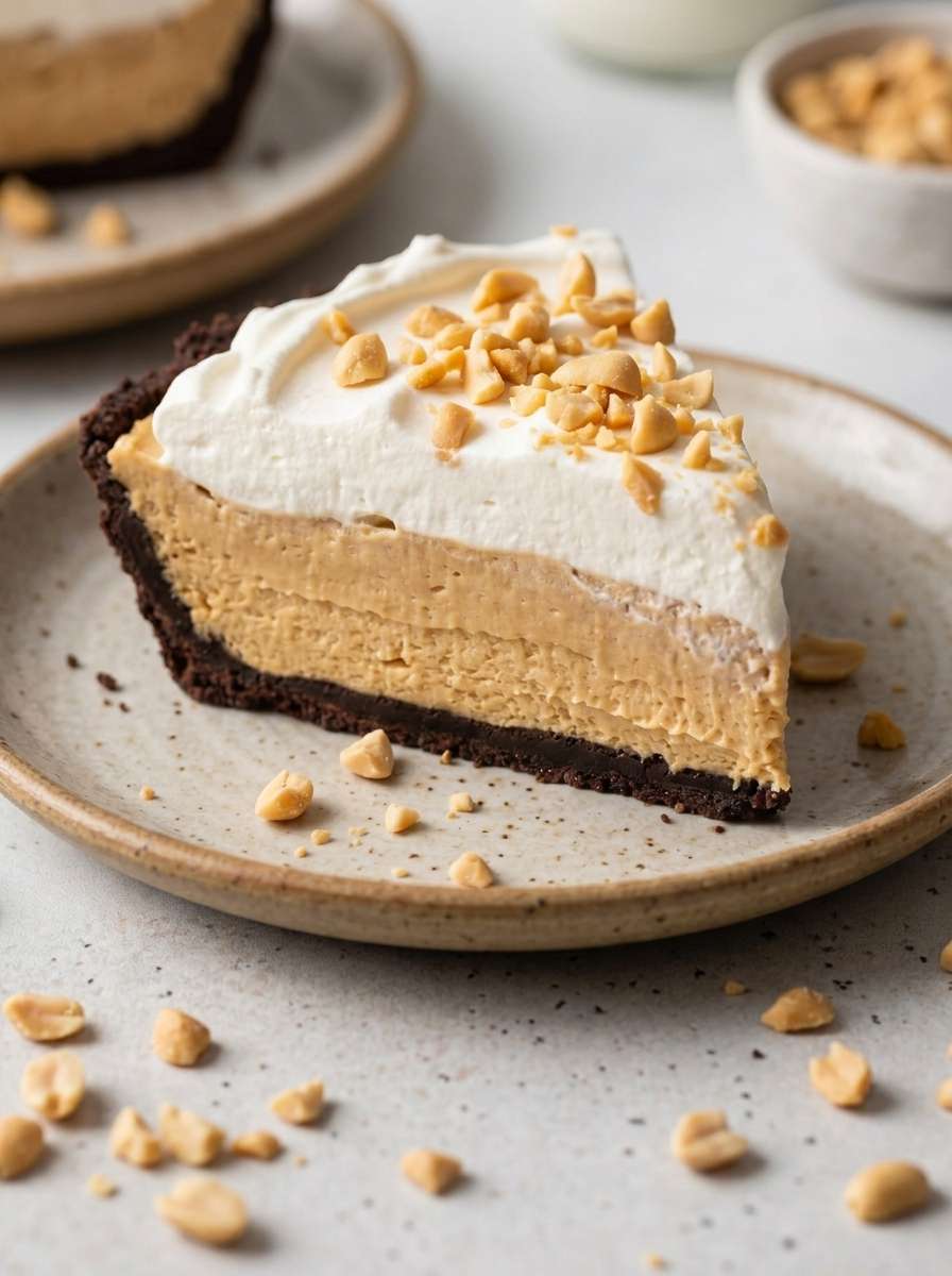 A creamy sugar-free no bake peanut butter pie in a dark chocolate cookie crust, topped with whipped cream swirls and chopped peanuts.