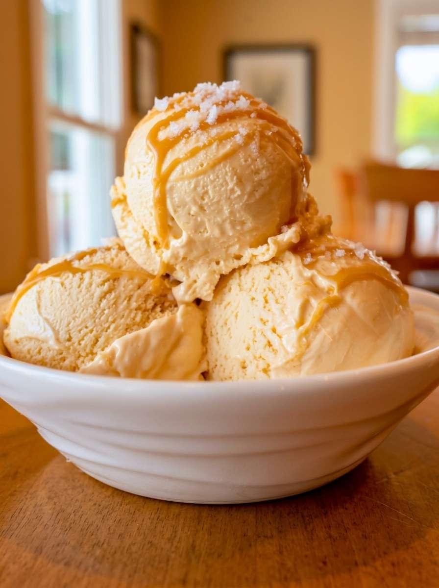 A white bowl filled with creamy sugar-free salted caramel ice cream scoops, drizzled with caramel sauce and finished with coarse sea salt flakes.
