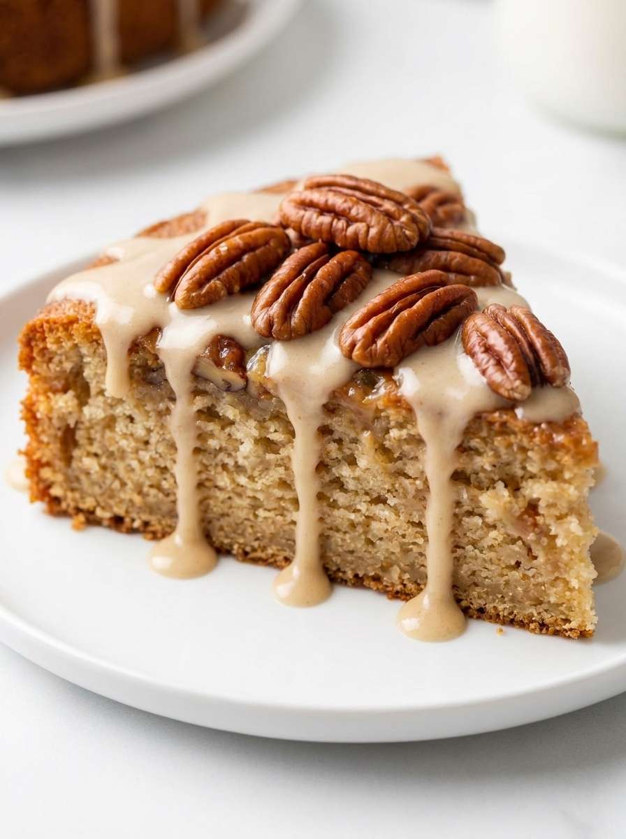 Rich sugar-free gooey butter pecan cake slice with pecan topping, soft buttery center, golden crumb, and sugar-free drizzle on top.