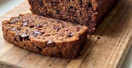 Moist sugar-free chocolate espresso banana bread sliced on a plate with dark chocolate chips, rich cocoa crumb, and a soft bakery-style texture.