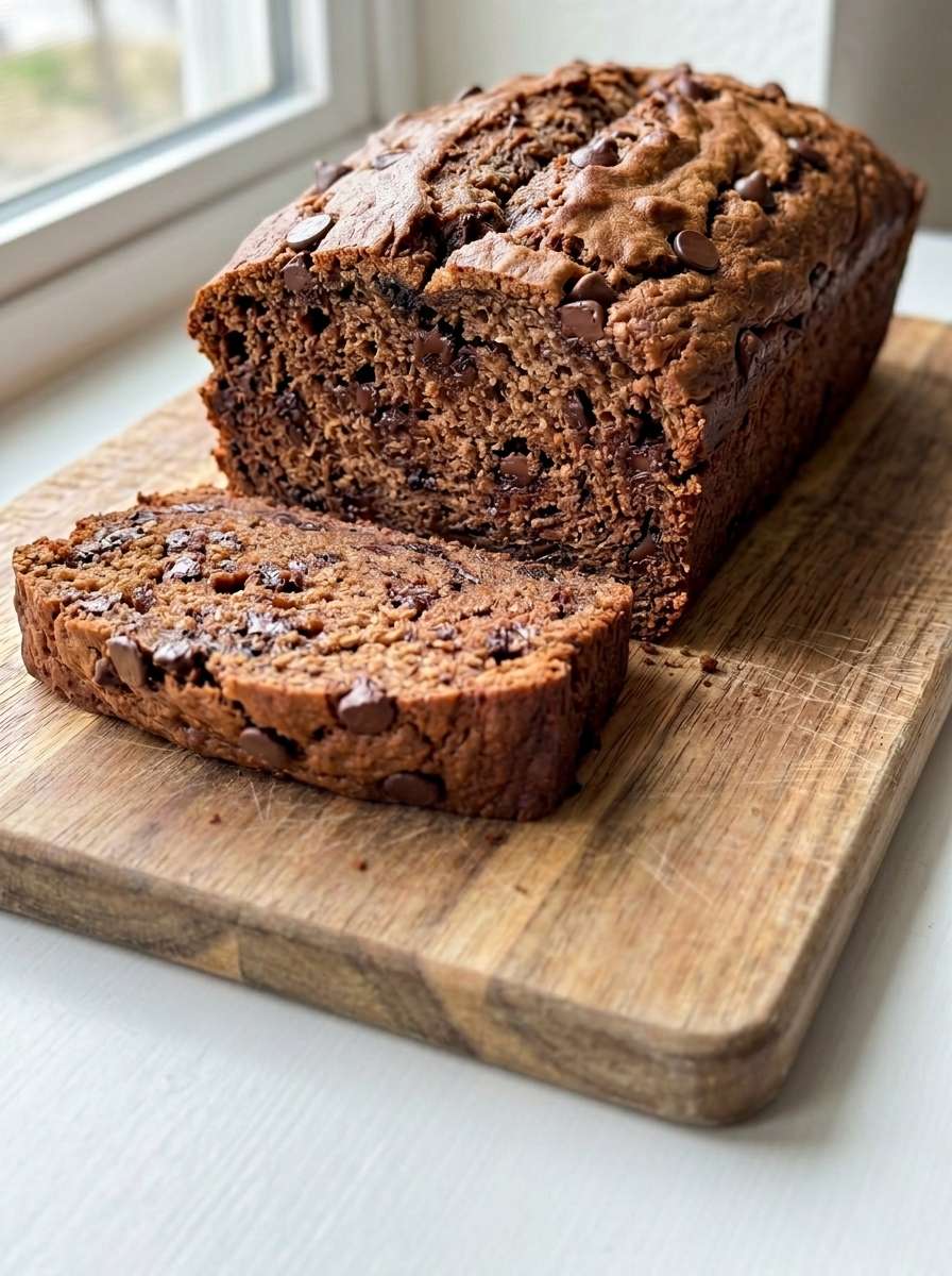Moist sugar-free chocolate espresso banana bread sliced on a plate with dark chocolate chips, rich cocoa crumb, and a soft bakery-style texture.