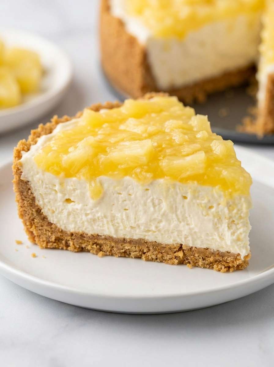 Creamy sugar-free no-bake pineapple cheesecake dessert in a graham cracker crust, topped with crushed pineapple and served chilled on a plate.