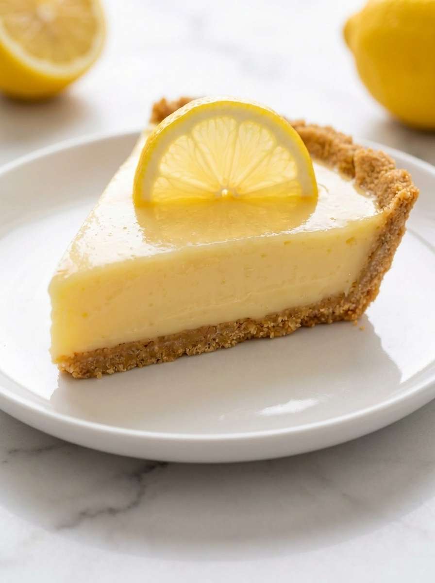 Creamy sugar-free condensed milk lemon pie with a buttery graham cracker crust, glossy lemon filling, and a fresh lemon slice garnish.