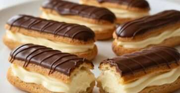 Sugar-free chocolate éclairs with crisp golden shells, smooth ivory custard cream filling, glossy dark chocolate caps, and thin chocolate drizzle.