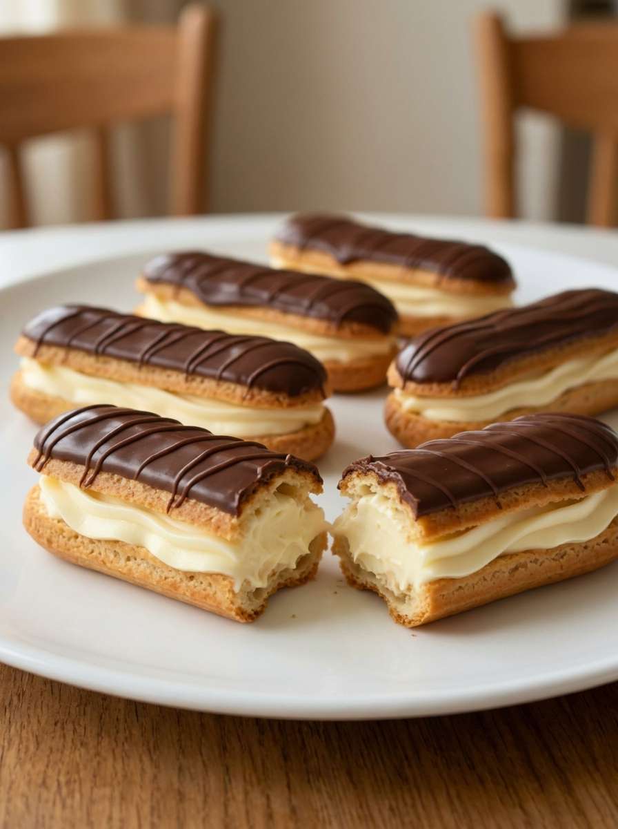 Sugar-free chocolate éclairs with crisp golden shells, smooth ivory custard cream filling, glossy dark chocolate caps, and thin chocolate drizzle.