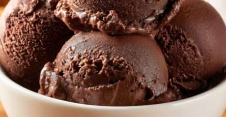 Rich sugar-free chocolate ice cream scooped into a plain white ceramic bowl with a dense creamy texture and deep chocolate color.