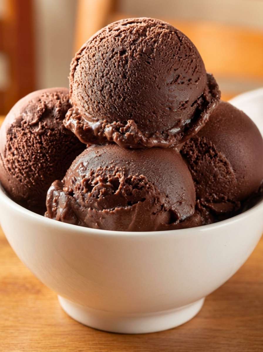 Rich sugar-free chocolate ice cream scooped into a plain white ceramic bowl with a dense creamy texture and deep chocolate color.