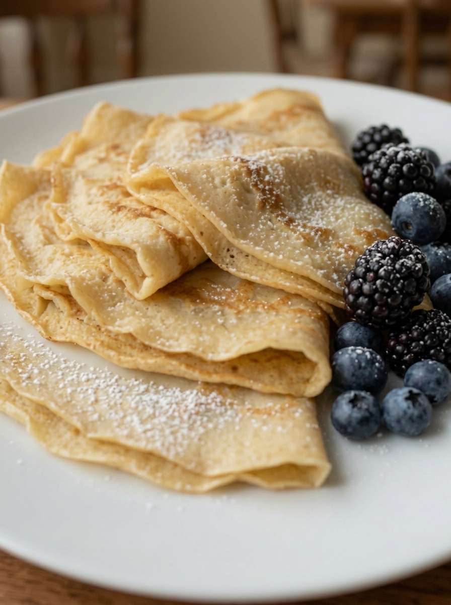 Thin sugar-free almond flour crepes folded into quarters on a plate, soft and golden, served as a low-carb breakfast or brunch recipe.
