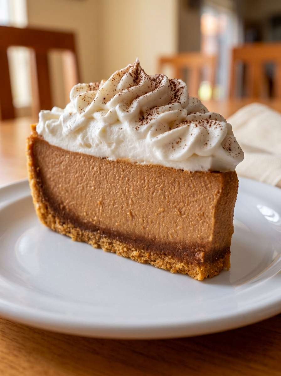A sliced sugar-free espresso chocolate layer cheesecake with almond crust, creamy coffee cheesecake filling, dark cocoa layer, whipped cream topping, and cocoa dusting.