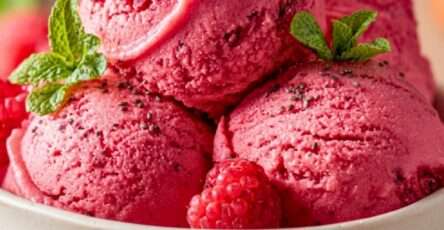 A bowl of sugar-free raspberry chia sorbet with a smooth bright pink texture, fresh raspberries, chia seeds, and mint leaves served cold.