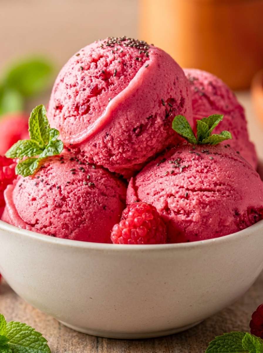 A bowl of sugar-free raspberry chia sorbet with a smooth bright pink texture, fresh raspberries, chia seeds, and mint leaves served cold.