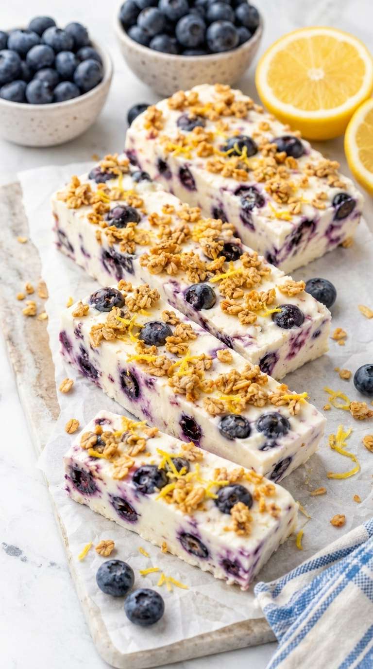 Blueberry lemon frozen yogurt bars cut into squares with creamy yogurt, whole blueberries, lemon zest and crunchy granola topping.