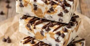 Chocolate peanut butter frozen yogurt bars cut into squares with creamy peanut butter yogurt, mini chocolate chips and dark chocolate drizzle.