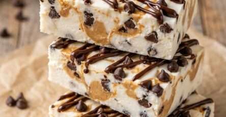 Chocolate peanut butter frozen yogurt bars cut into squares with creamy peanut butter yogurt, mini chocolate chips and dark chocolate drizzle.
