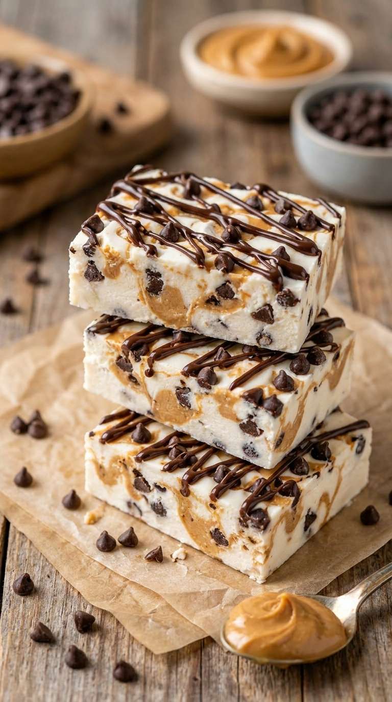 Chocolate peanut butter frozen yogurt bars cut into squares with creamy peanut butter yogurt, mini chocolate chips and dark chocolate drizzle.