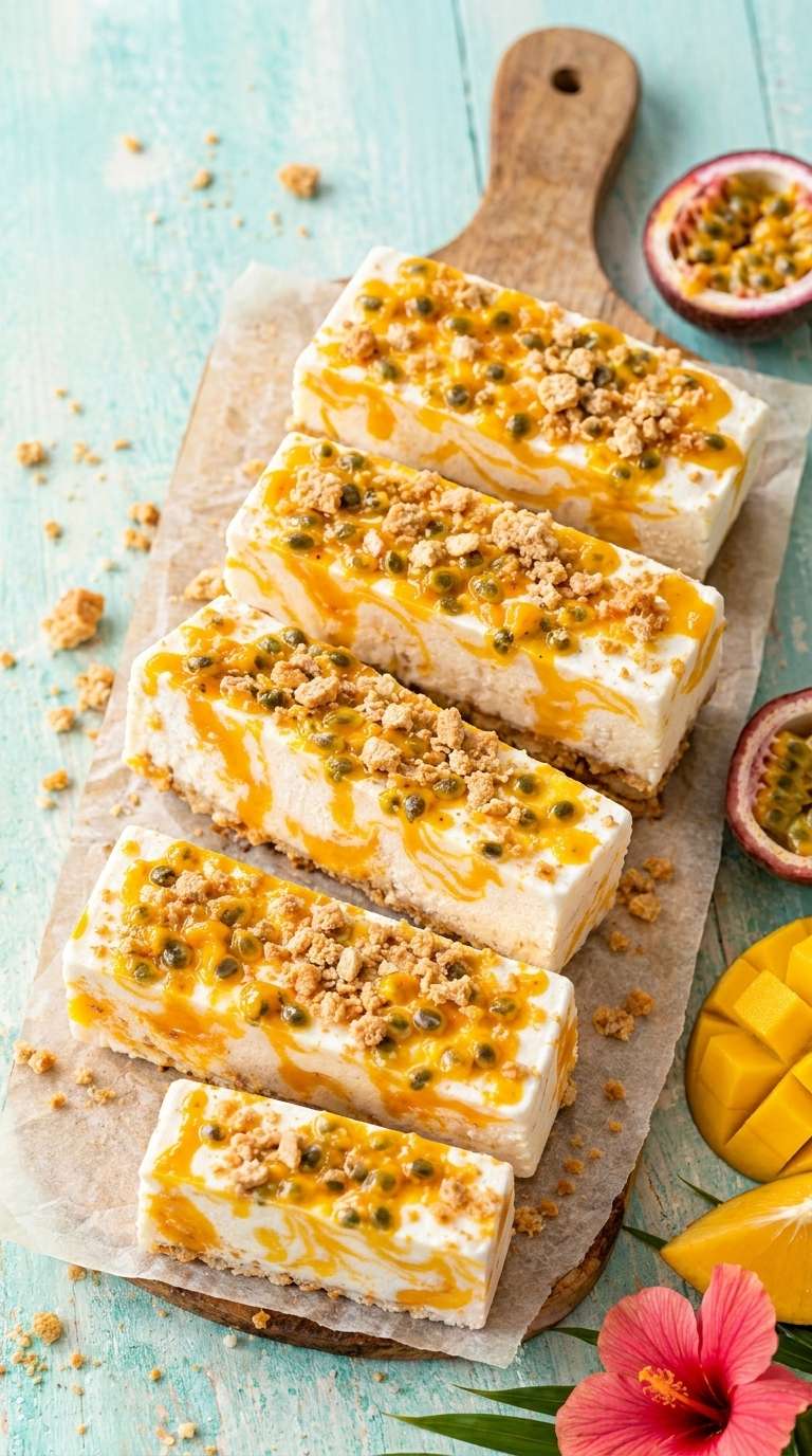 Mango passion fruit frozen yogurt bars cut into squares with creamy yogurt, mango swirls, passion fruit pulp and crunchy granola topping.