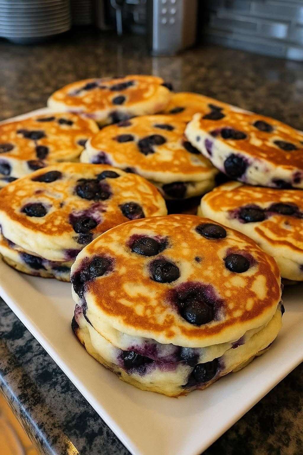 A stack of fluffy blueberry pancakes served warm with juicy blueberries, golden edges, soft thick texture, butter, and maple syrup on top.