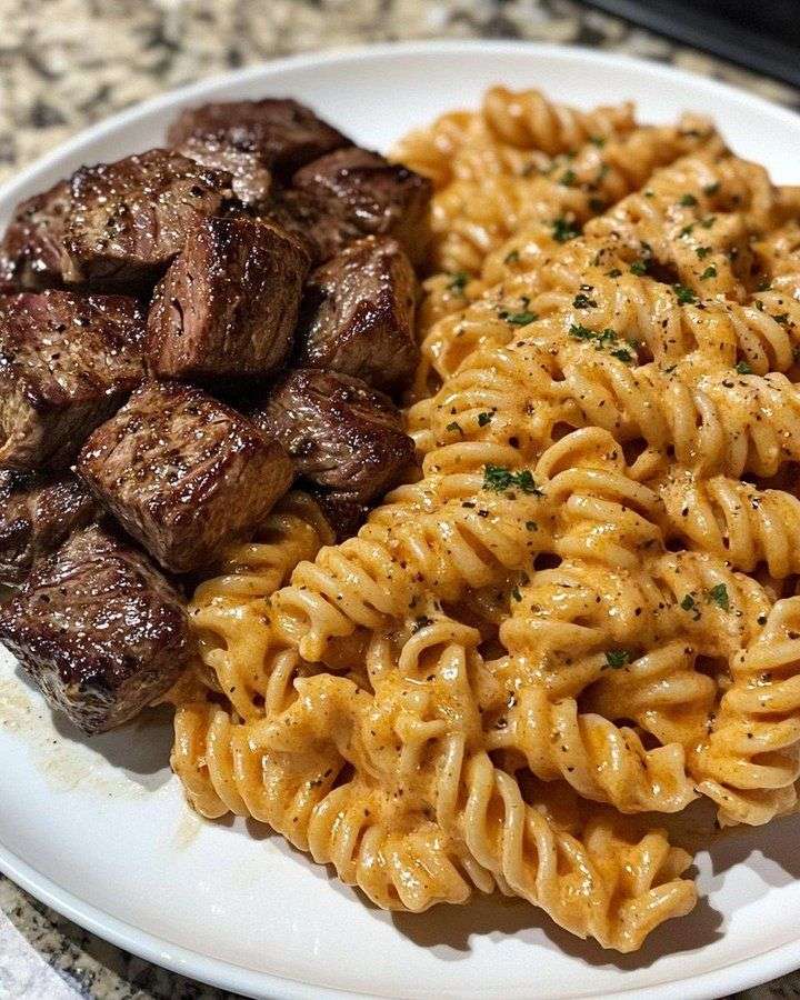 Juicy seared steak bites served beside creamy garlic Parmesan rotini pasta, finished with fresh parsley and cracked black pepper.