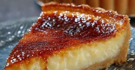 Grandma-style French custard tart with golden caramelized top, thick vanilla custard filling, and crisp pastry crust served on a rustic plate.