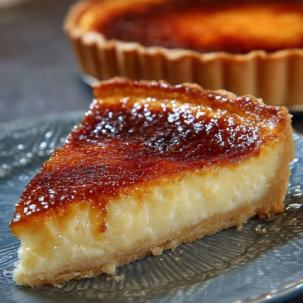 Grandma-style French custard tart with golden caramelized top, thick vanilla custard filling, and crisp pastry crust served on a rustic plate.