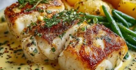 Traditional hake fillets served with boiled potatoes, green beans, creamy garlic aioli, fresh parsley, and cracked black pepper on a rustic plate.
