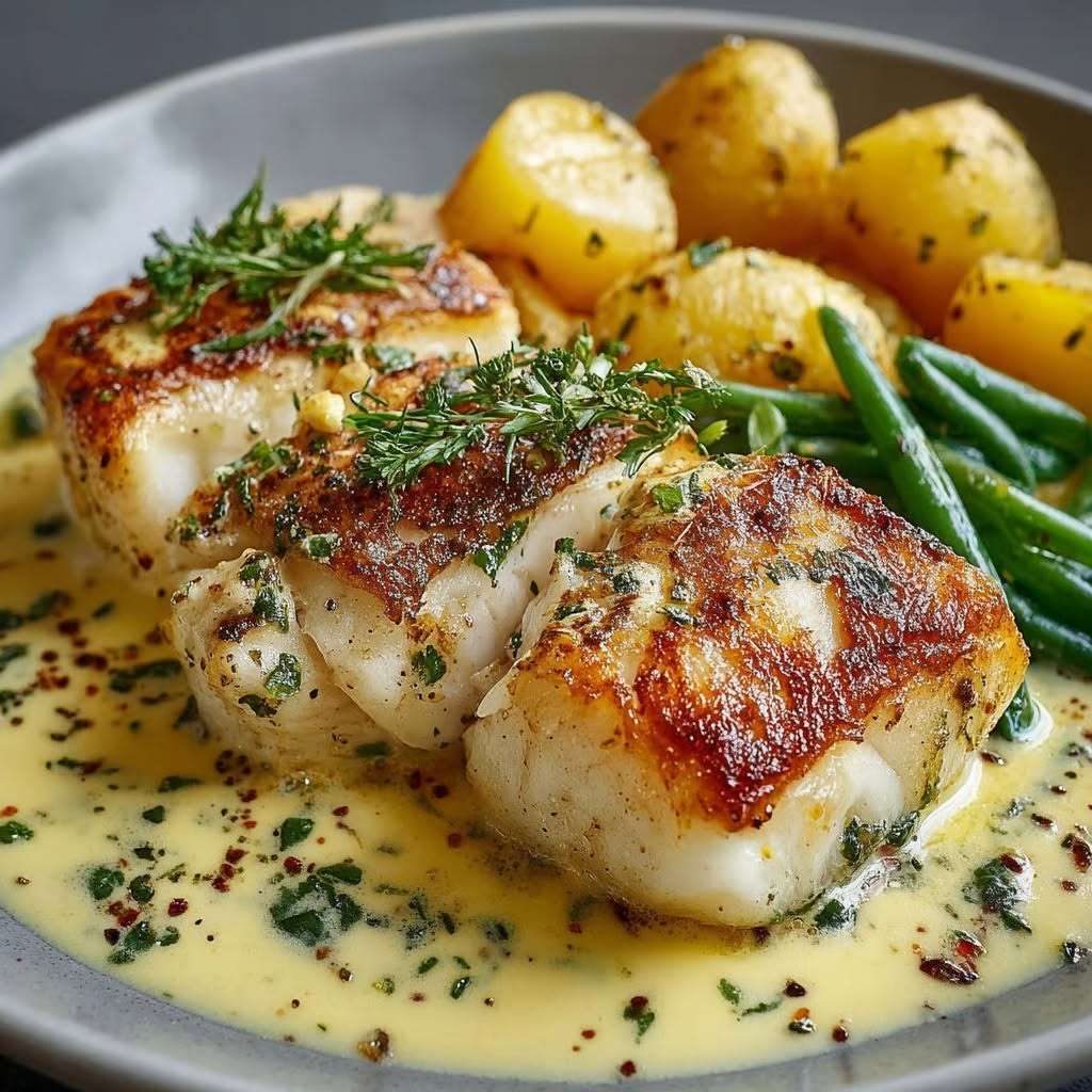 Traditional hake fillets served with boiled potatoes, green beans, creamy garlic aioli, fresh parsley, and cracked black pepper on a rustic plate.