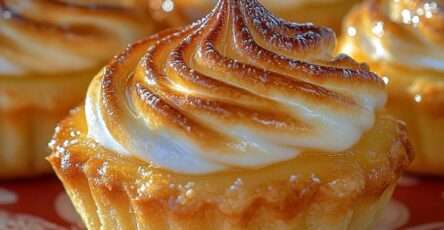 Homemade lemon meringue tartlets with golden pastry shells, glossy lemon filling, and toasted meringue peaks served on a simple dessert plate.
