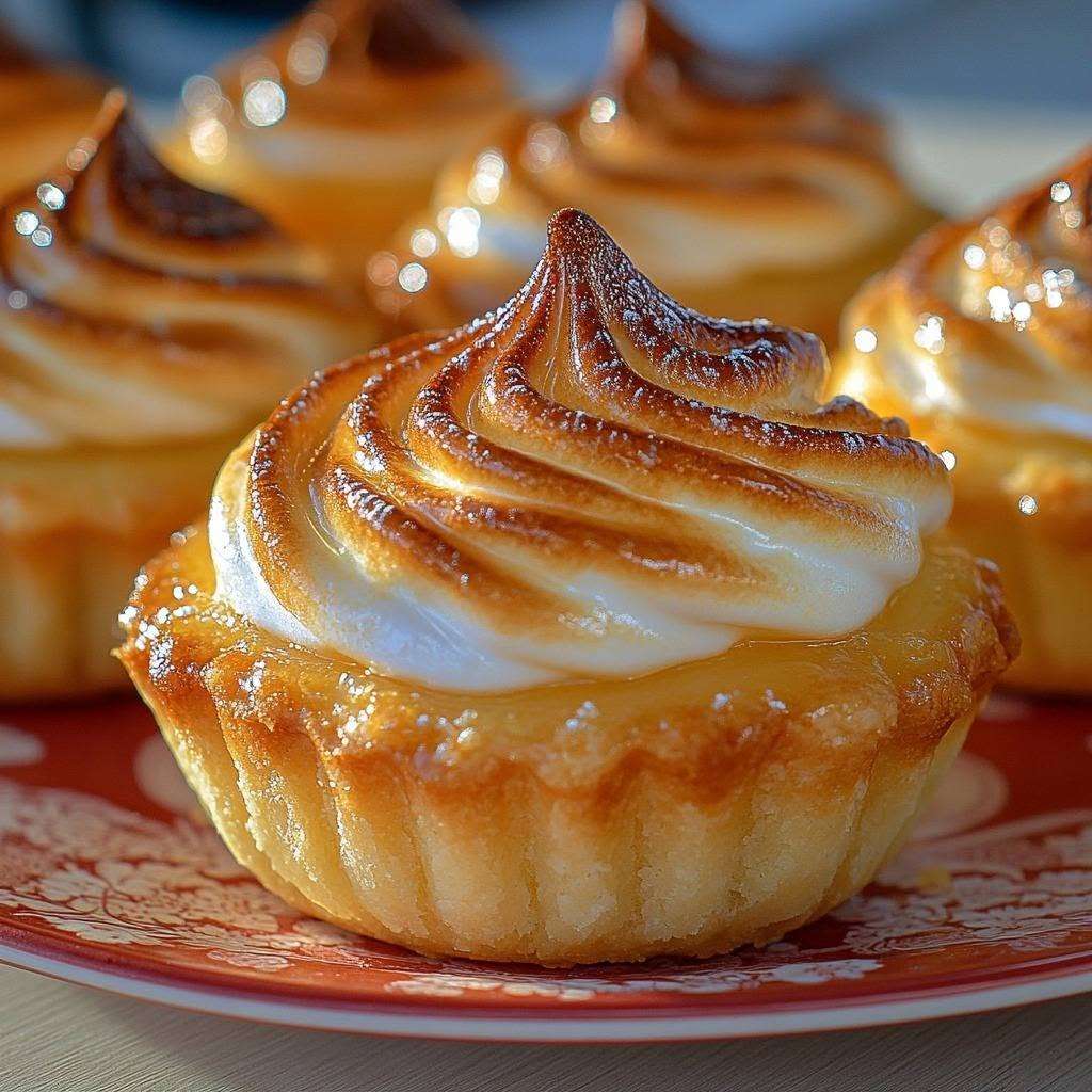 Homemade lemon meringue tartlets with golden pastry shells, glossy lemon filling, and toasted meringue peaks served on a simple dessert plate.