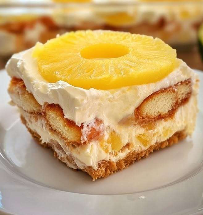 Creamy no-bake pineapple mascarpone dessert layered with soaked ladyfingers, vanilla mascarpone cream, and juicy pineapple pieces in elegant glasses.